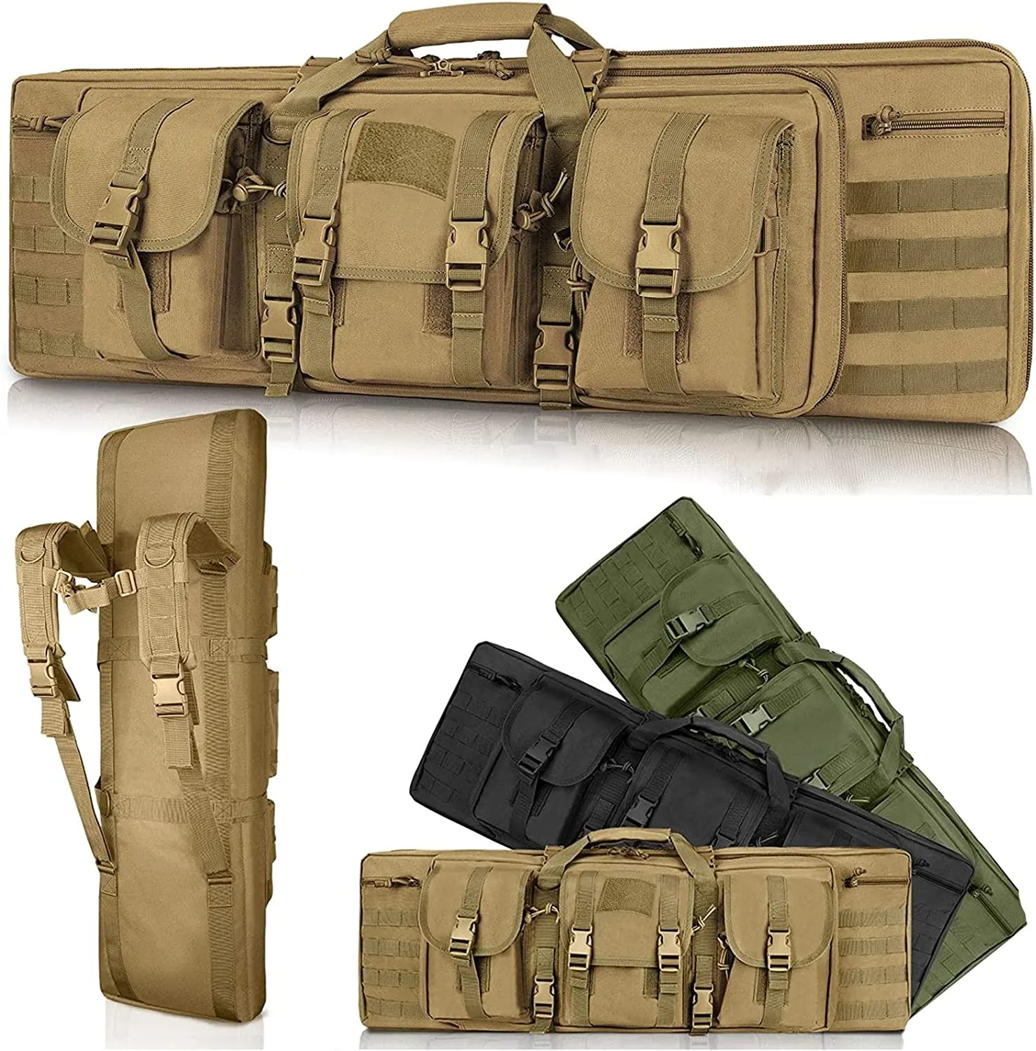 SJASD Rifle Bag 2 Long Guns, Long Hunting Bag, Gun Bag for Long Guns, Lockable, with Double Compartment and 3 Large Accessories Bags, for Outdoor Tactical Rifle, Army Green, 118 cm