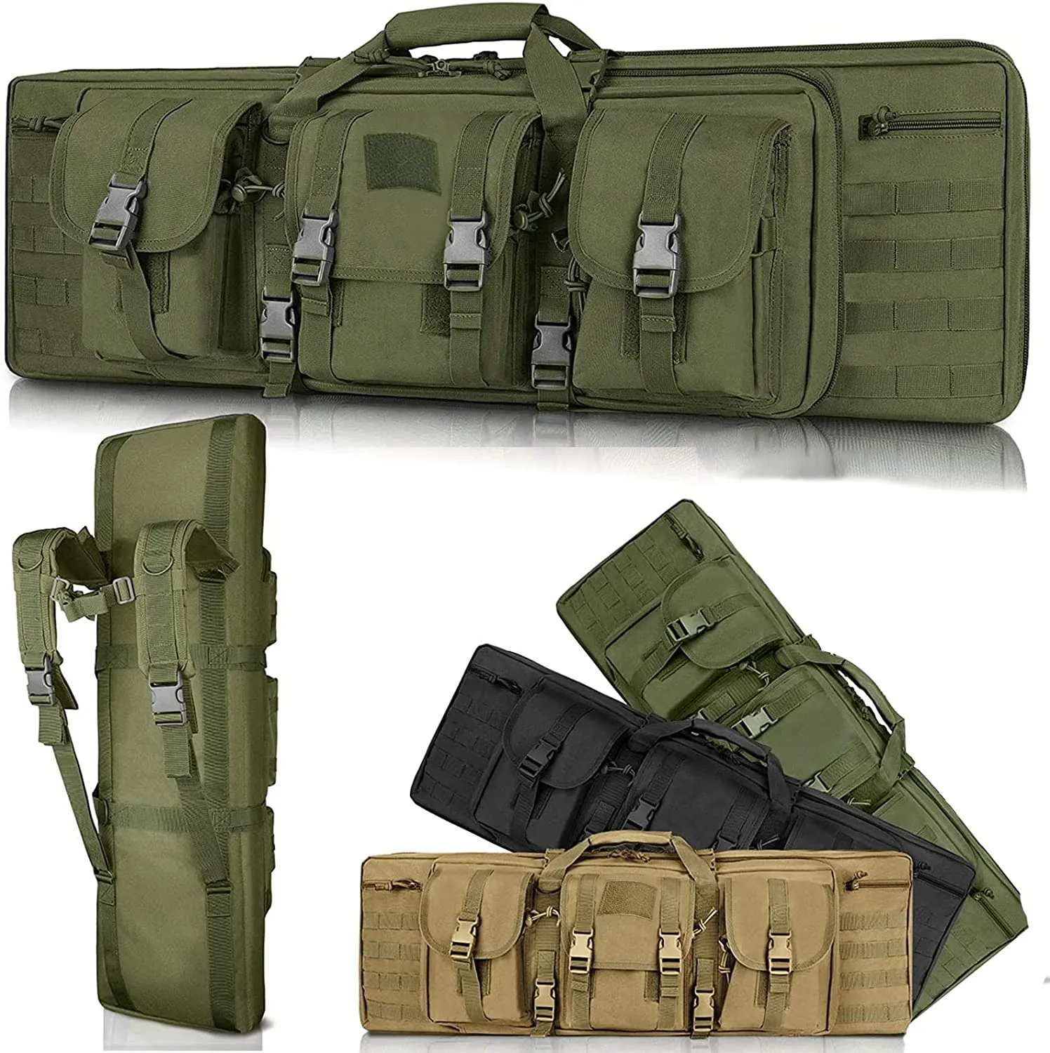 SJASD Rifle Bag 2 Long Guns, Long Hunting Bag, Gun Bag for Long Guns, Lockable, with Double Compartment and 3 Large Accessories Bags, for Outdoor Tactical Rifle, Army Green, 118 cm