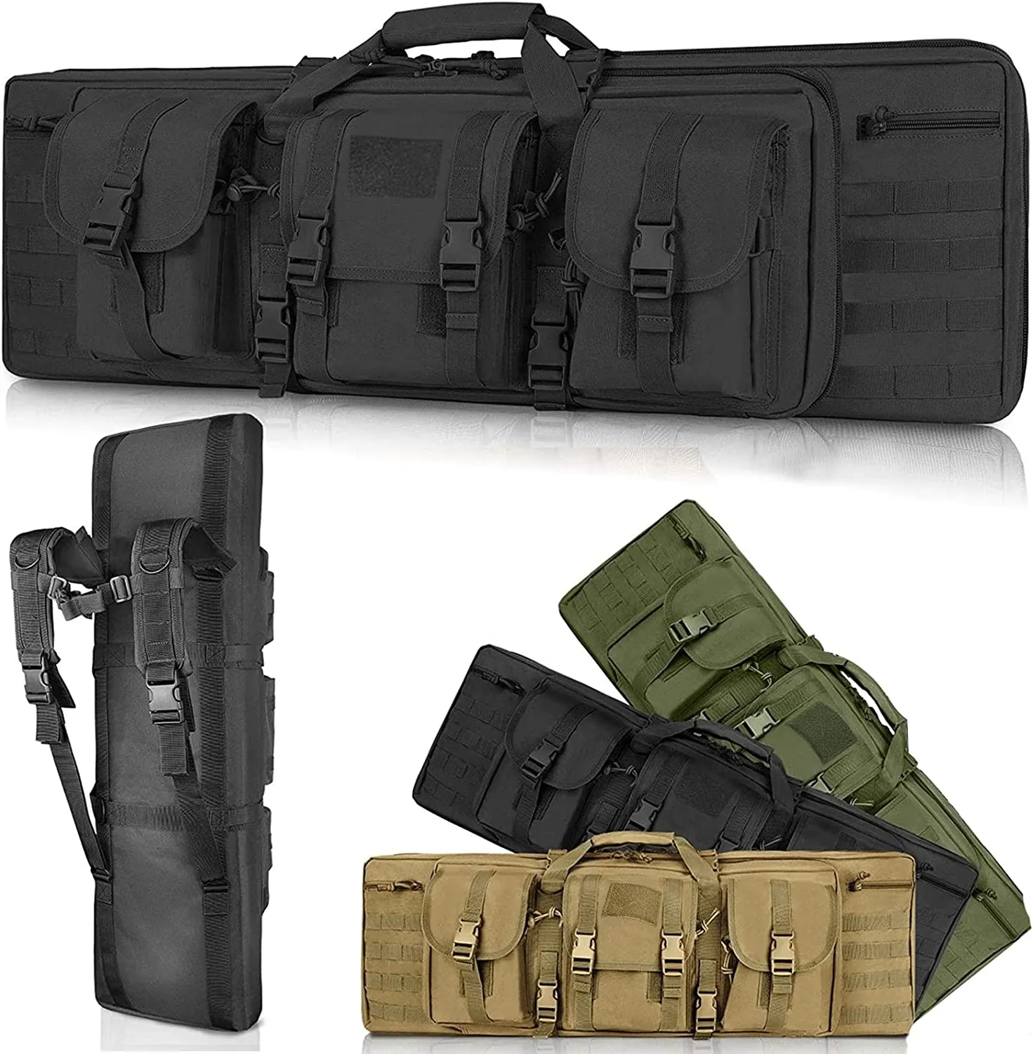 SJASD Rifle Bag 2 Long Guns, Long Hunting Bag, Gun Bag for Long Guns, Lockable, with Double Compartment and 3 Large Accessories Bags, for Outdoor Tactical Rifle, Army Green, 118 cm