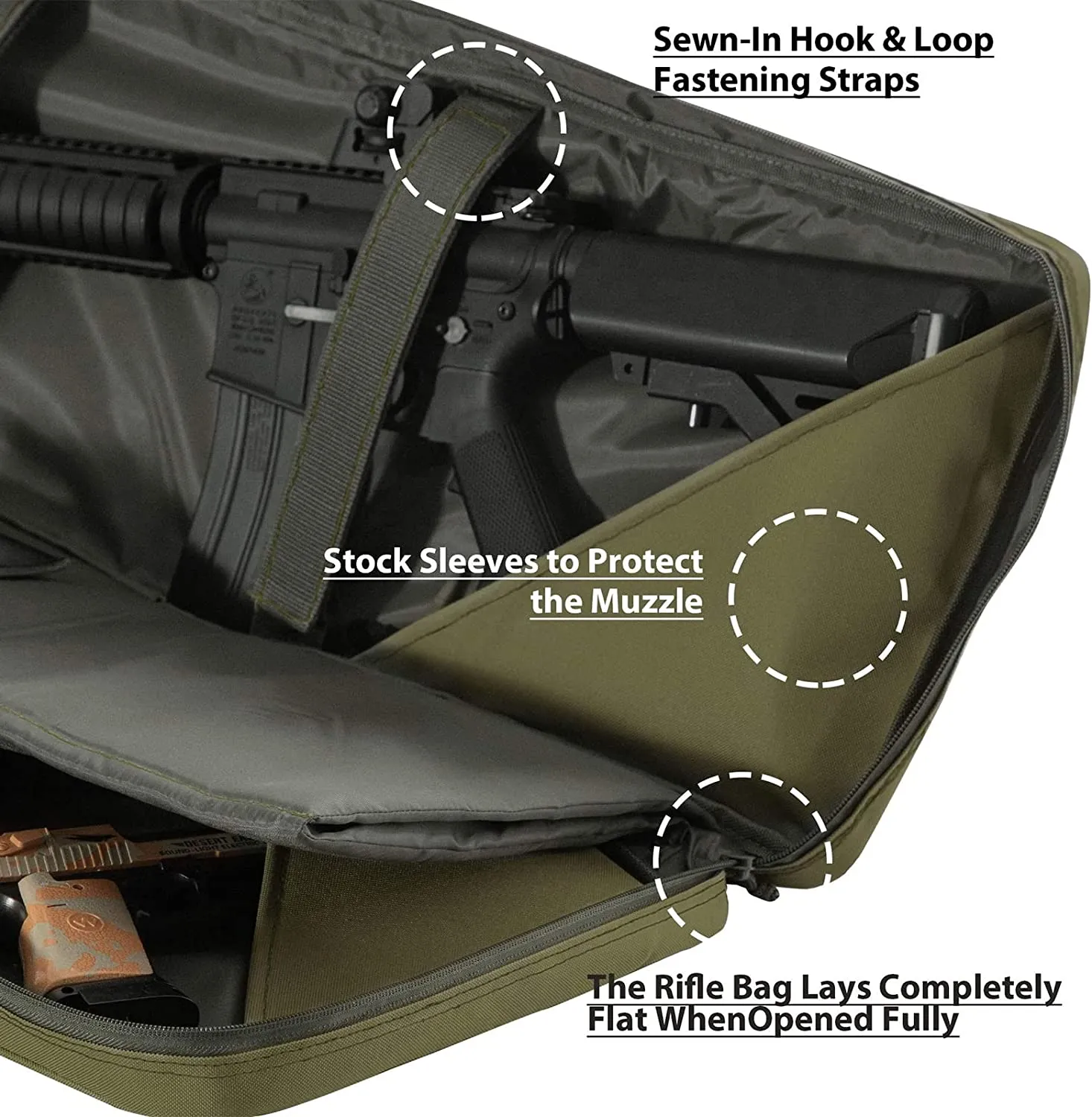 SJASD Rifle Bag 2 Long Guns, Long Hunting Bag, Gun Bag for Long Guns, Lockable, with Double Compartment and 3 Large Accessories Bags, for Outdoor Tactical Rifle, Army Green, 118 cm