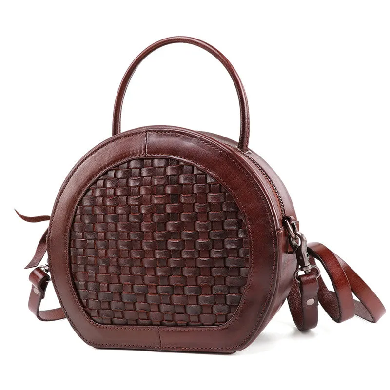 Small Womens Braided Leather Circle Handbag Cross Shoulder Round Bag Purse for Women