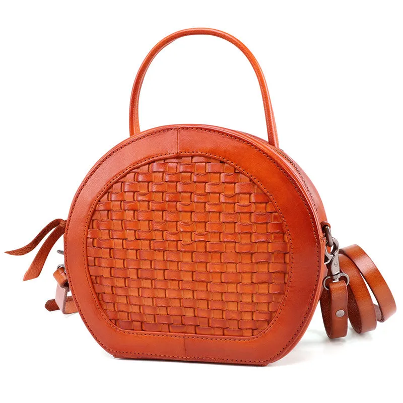Small Womens Braided Leather Circle Handbag Cross Shoulder Round Bag Purse for Women