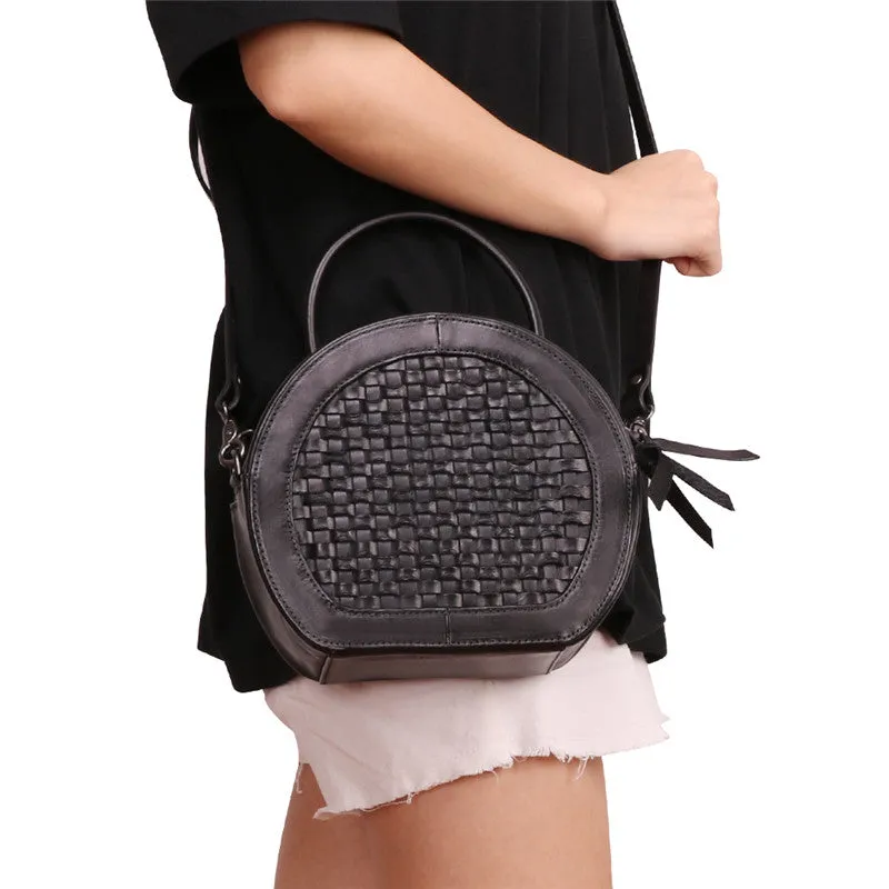 Small Womens Braided Leather Circle Handbag Cross Shoulder Round Bag Purse for Women