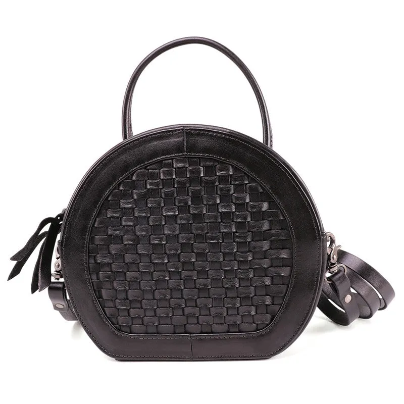 Small Womens Braided Leather Circle Handbag Cross Shoulder Round Bag Purse for Women