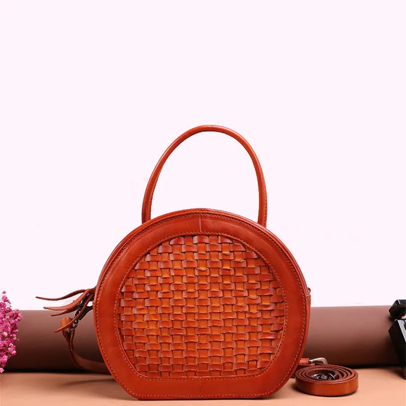 Small Womens Braided Leather Circle Handbag Cross Shoulder Round Bag Purse for Women