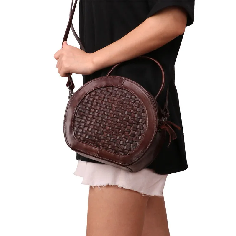 Small Womens Braided Leather Circle Handbag Cross Shoulder Round Bag Purse for Women