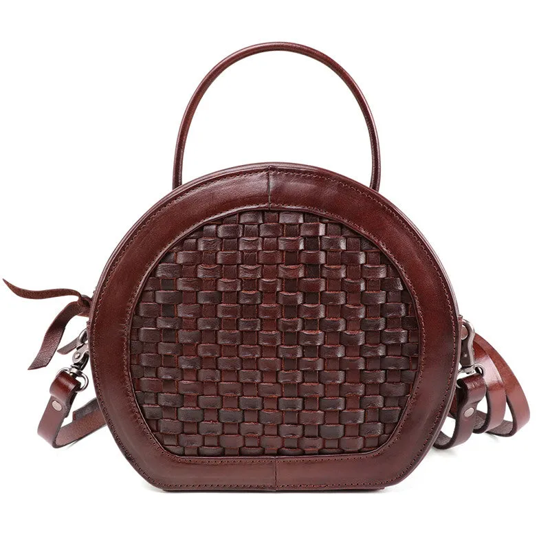 Small Womens Braided Leather Circle Handbag Cross Shoulder Round Bag Purse for Women