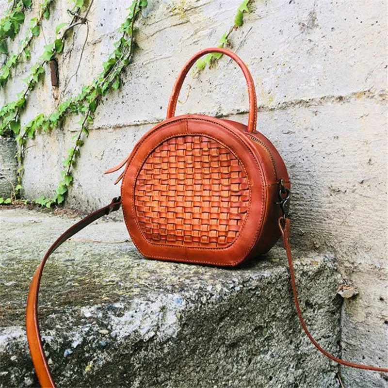 Small Womens Braided Leather Circle Handbag Cross Shoulder Round Bag Purse for Women