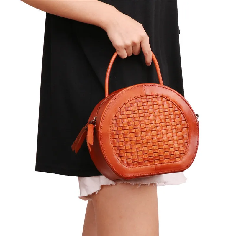 Small Womens Braided Leather Circle Handbag Cross Shoulder Round Bag Purse for Women