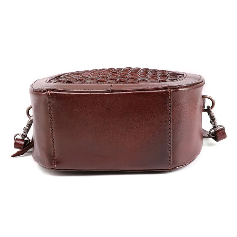Small Womens Braided Leather Circle Handbag Cross Shoulder Round Bag Purse for Women