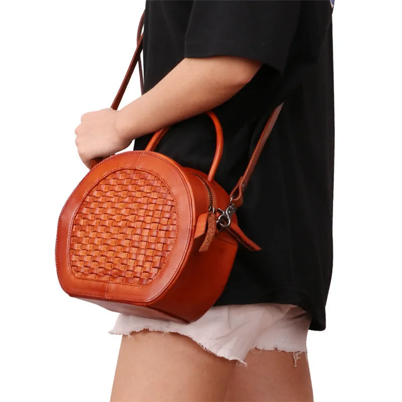 Small Womens Braided Leather Circle Handbag Cross Shoulder Round Bag Purse for Women