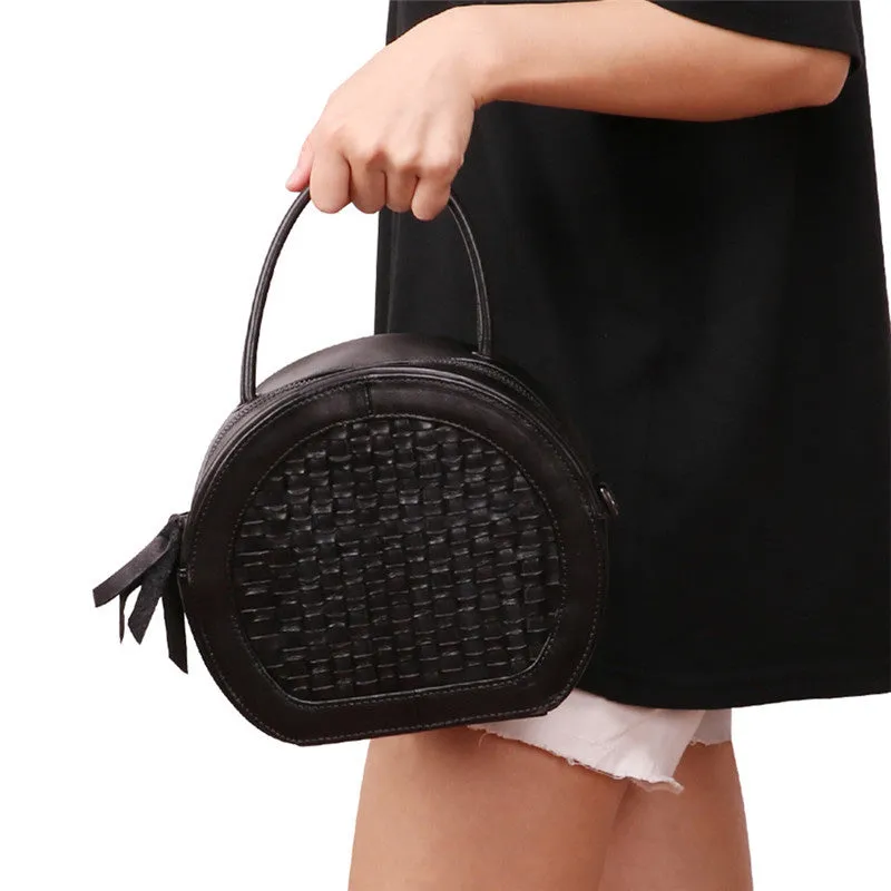 Small Womens Braided Leather Circle Handbag Cross Shoulder Round Bag Purse for Women
