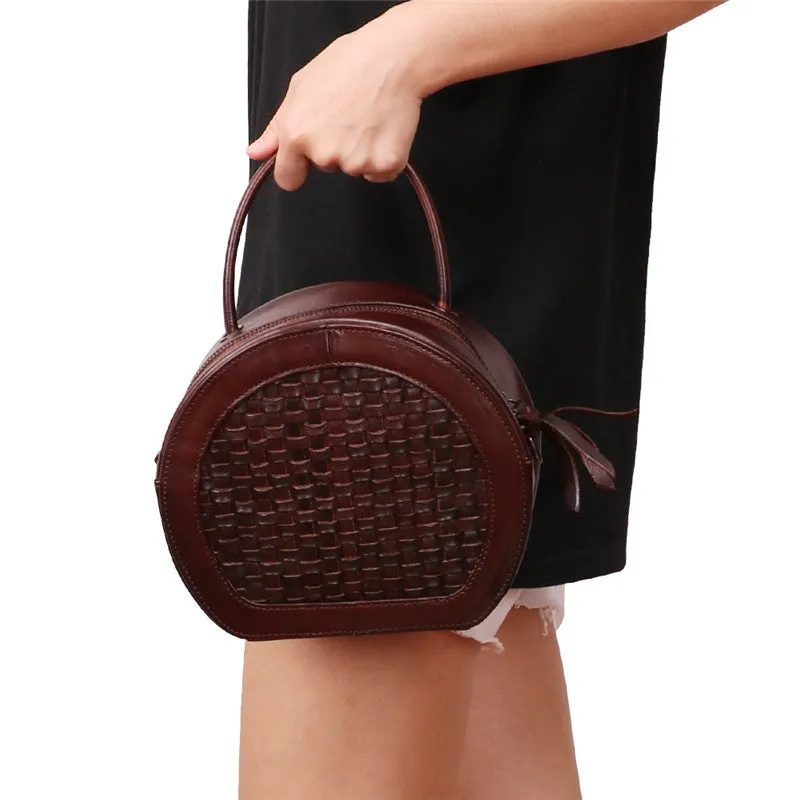 Small Womens Braided Leather Circle Handbag Cross Shoulder Round Bag Purse for Women
