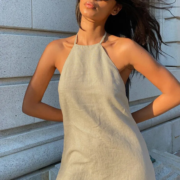 Summer backless sexy halter neck tie A-line dress