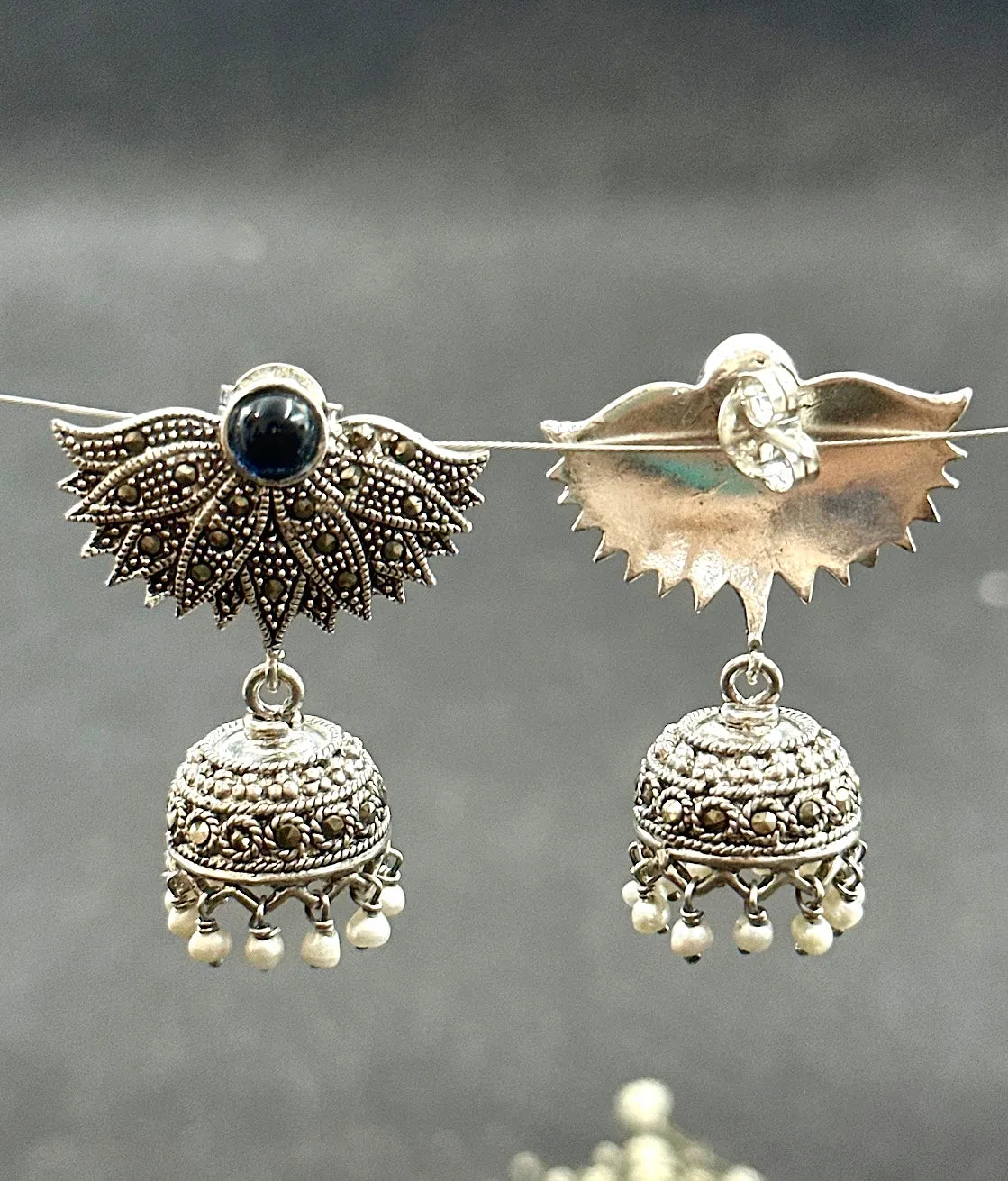 The Blue Flower Silver Marcasite Jhumkas
