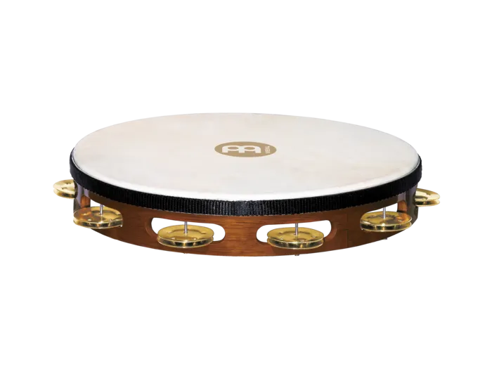 Traditional Goat-Skin Wood Tambourine, Brass Jingles