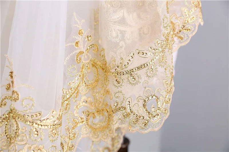 Two-tier Luxurious  Wedding Veil with Golden Lace