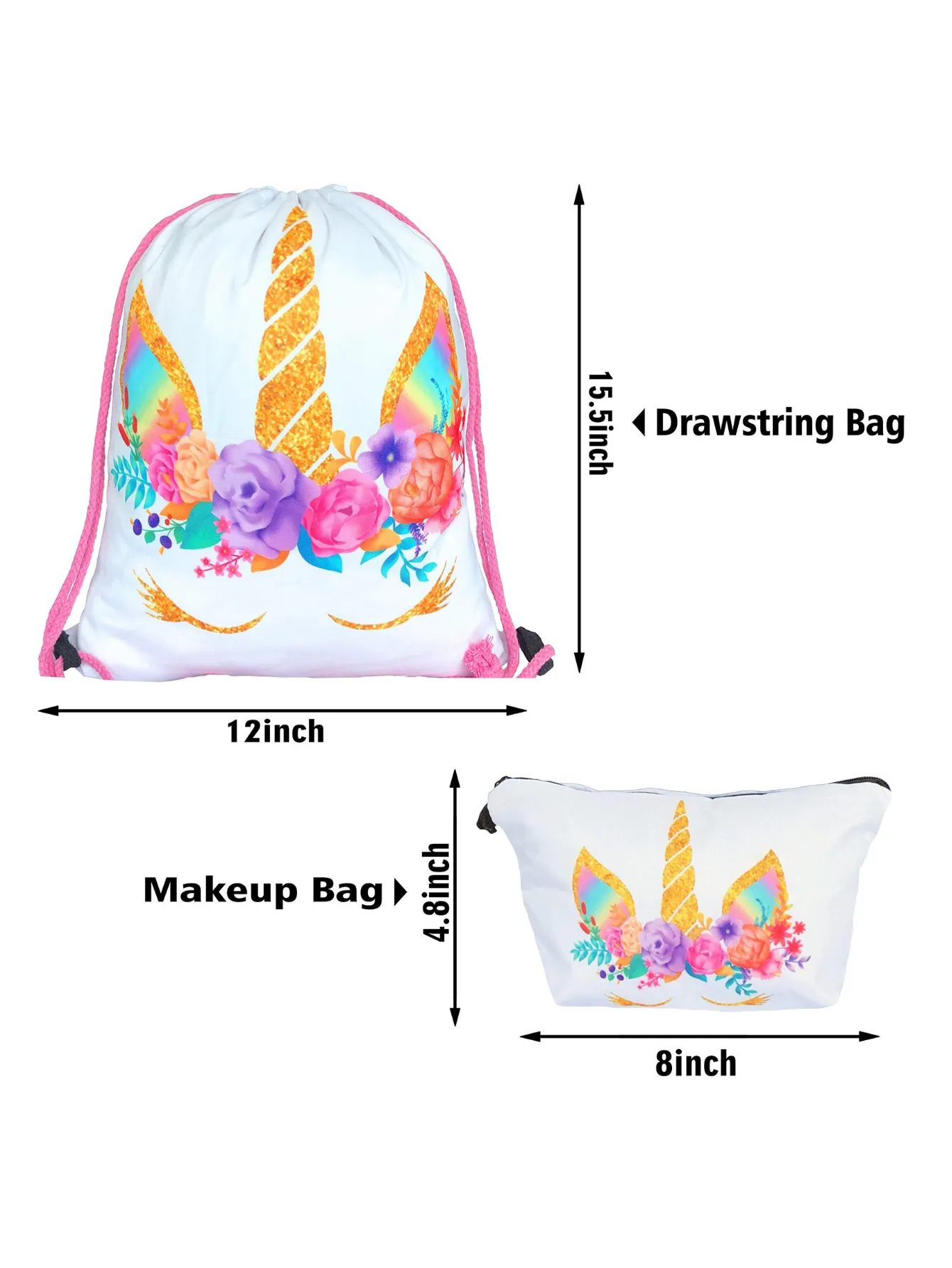 Unicorn Gifts for Girls - Unicorn Drawstring Backpack/Makeup Bag/Bracelet/Necklace/Hair Ties/Keychain/Sticker (White Rose 4)
