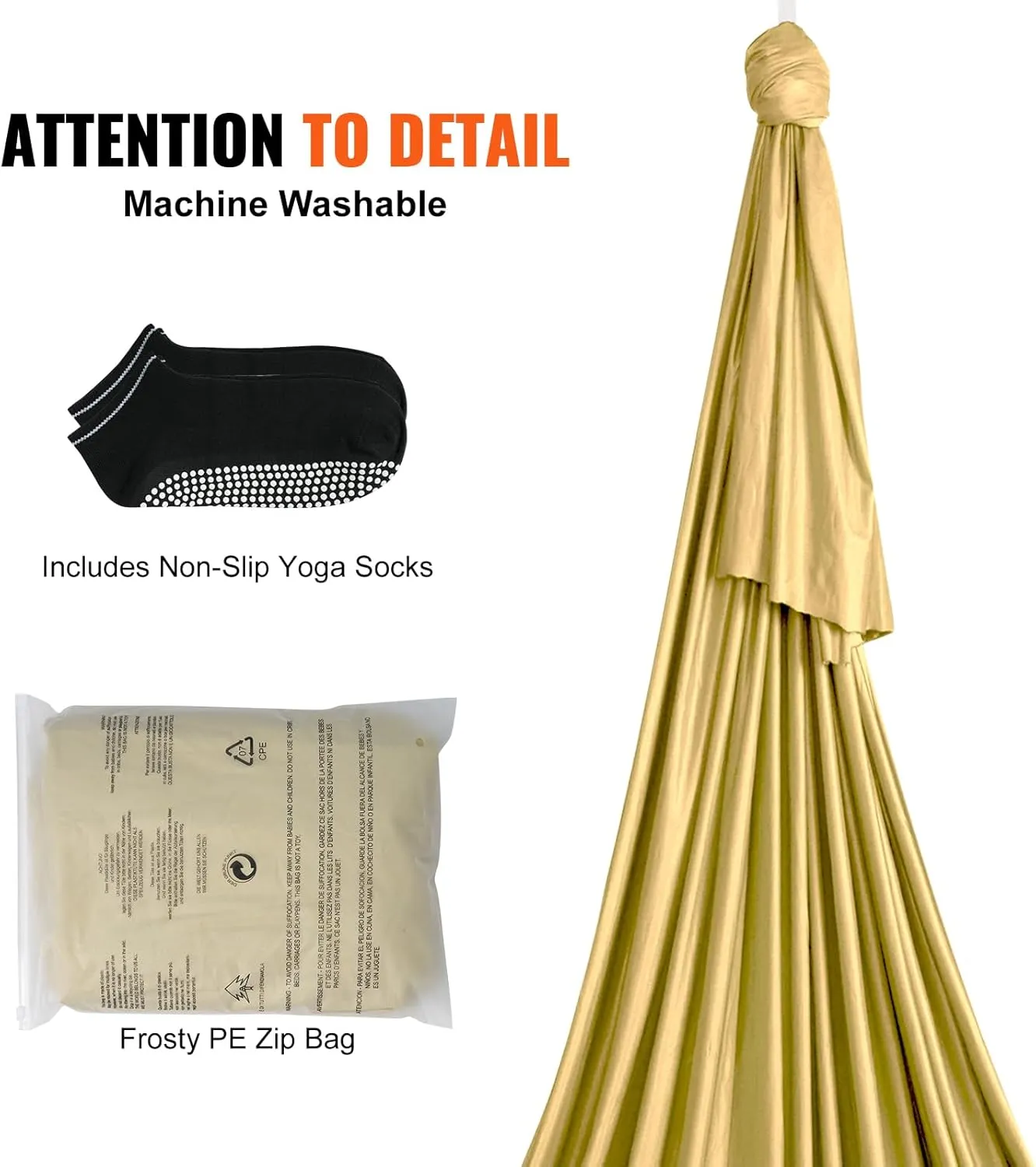VEVOR Aerial Yoga Hammock & Swing, 4.4 Yards, Aerial Yoga Starter Kit with 100gsm Nylon Fabric, Full Rigging Hardware & Easy Set-up Guide, Antigravity Flying for All Levels Fitness Bodybuilding, Gold