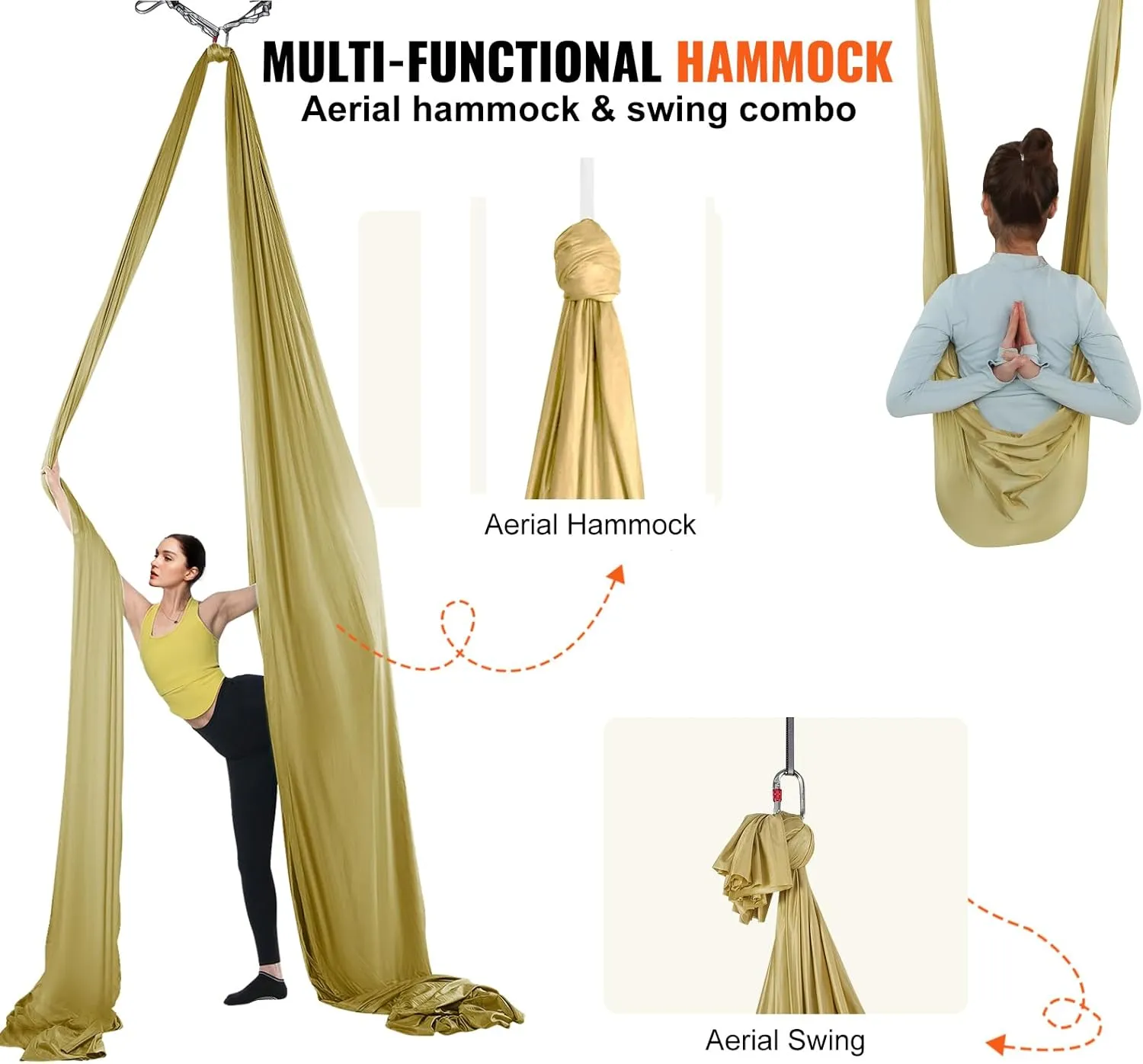 VEVOR Aerial Yoga Hammock & Swing, 4.4 Yards, Aerial Yoga Starter Kit with 100gsm Nylon Fabric, Full Rigging Hardware & Easy Set-up Guide, Antigravity Flying for All Levels Fitness Bodybuilding, Gold