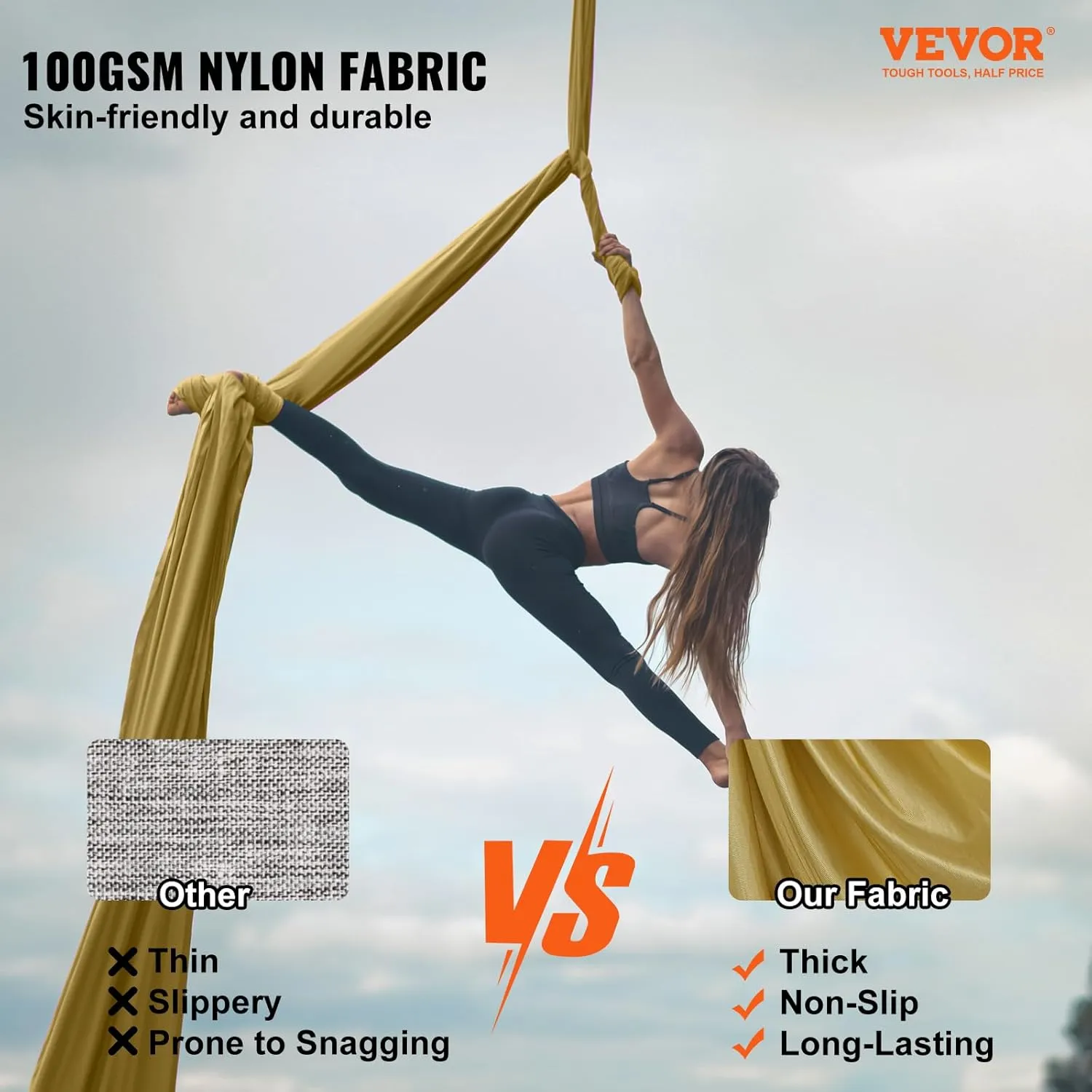 VEVOR Aerial Yoga Hammock & Swing, 4.4 Yards, Aerial Yoga Starter Kit with 100gsm Nylon Fabric, Full Rigging Hardware & Easy Set-up Guide, Antigravity Flying for All Levels Fitness Bodybuilding, Gold